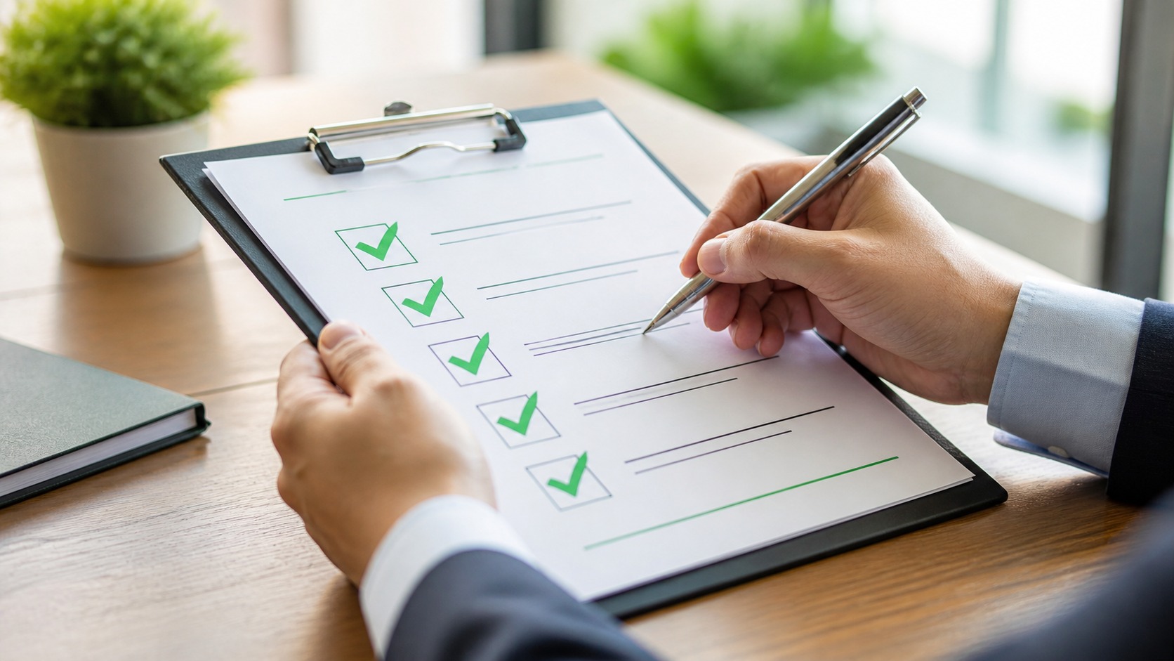 Professional audit checklist with green check marks on a clipboard
